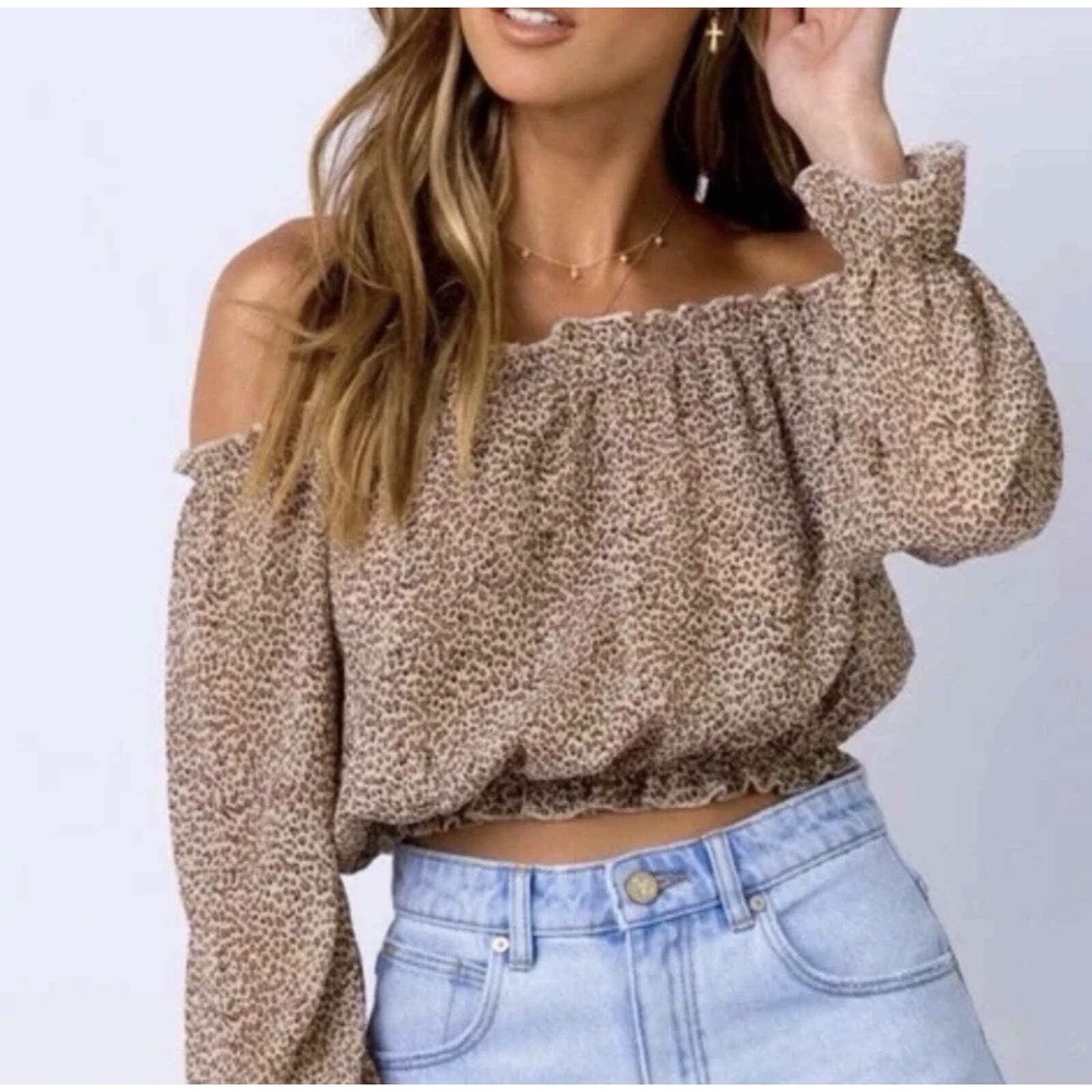 Princess Polly Kyson Leopard Print Off Shoulder Top Women's Sz 0 AOP Y2K